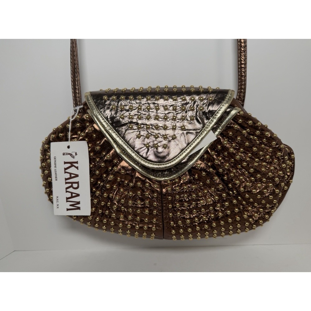 Karam‎ handbag, Medium Size Leather Bag, Metalic Brown With Studs And Gold Trim